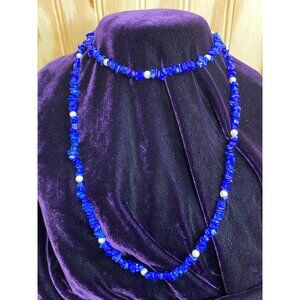 Colbalt Blue Small Stone Strand w/Faux Pearl Accent Necklace 16"